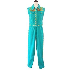 Christian Llinares Denim Vest Pant Set Teal‎ Sunburst Embroidery 90s US Size 8